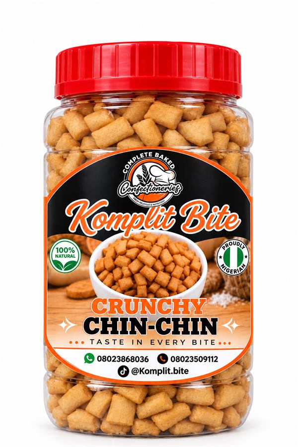 Komplit Bite Crunchy Chin-Chin in a counter jar